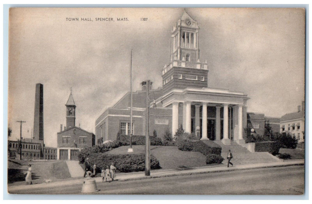 c1940's Crowd Scene Town Hall Spencer Massachusetts MA Vintage Antique Postcard