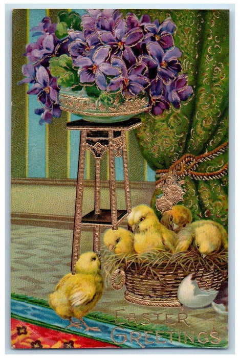 Easter Greetings Chicks In Basket Hatched Egg Pansies Gel Gold Gilt Postcard