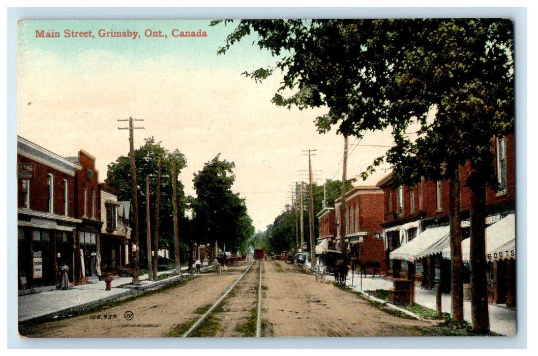 c1910's Main Street View Railroad Train Grimsby Ontario Canada Antique Postcard