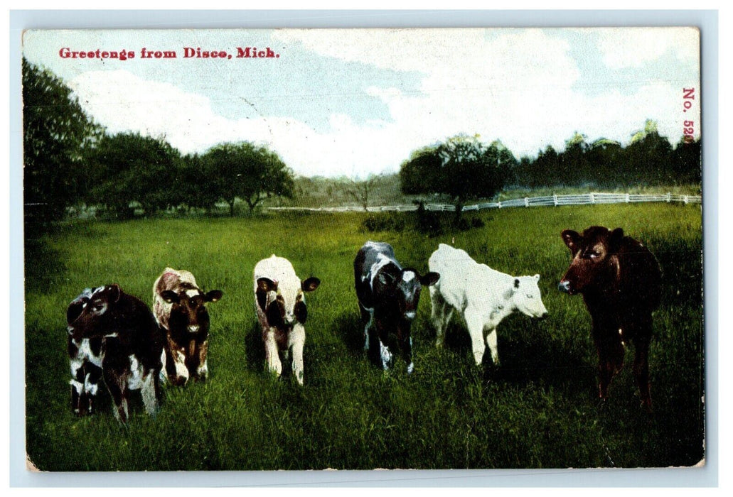 1913 Greetings From Disco Michigan MI, Cows Scene Field Posted Antique Postcard