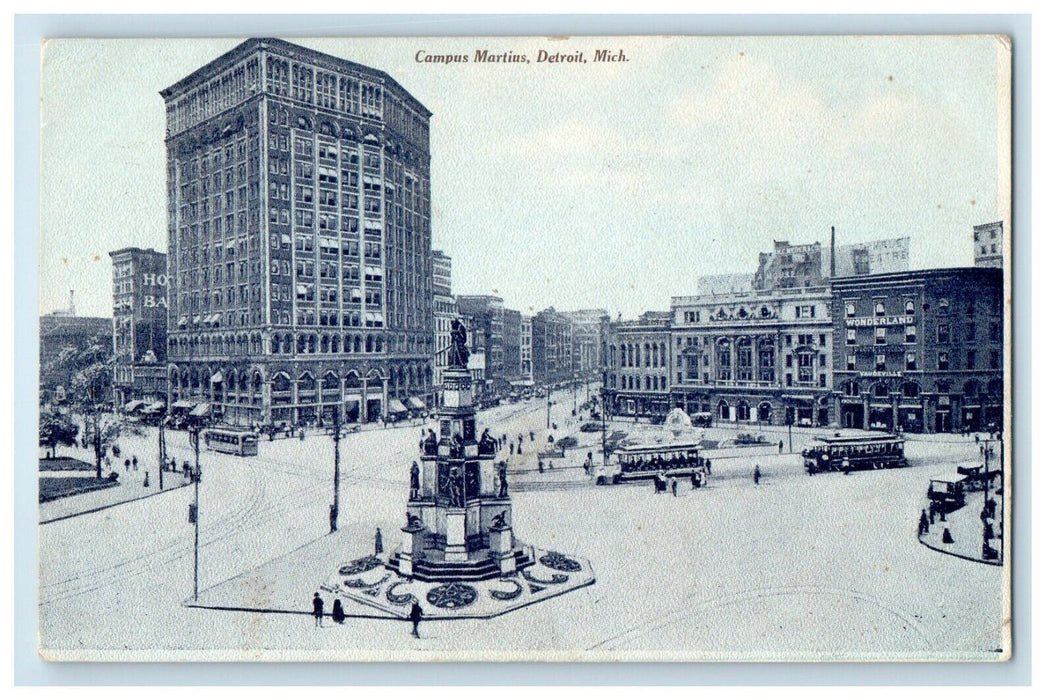 c1910's Campus Martins Buildings Trolley Train Detroit Michigan MI Postcard