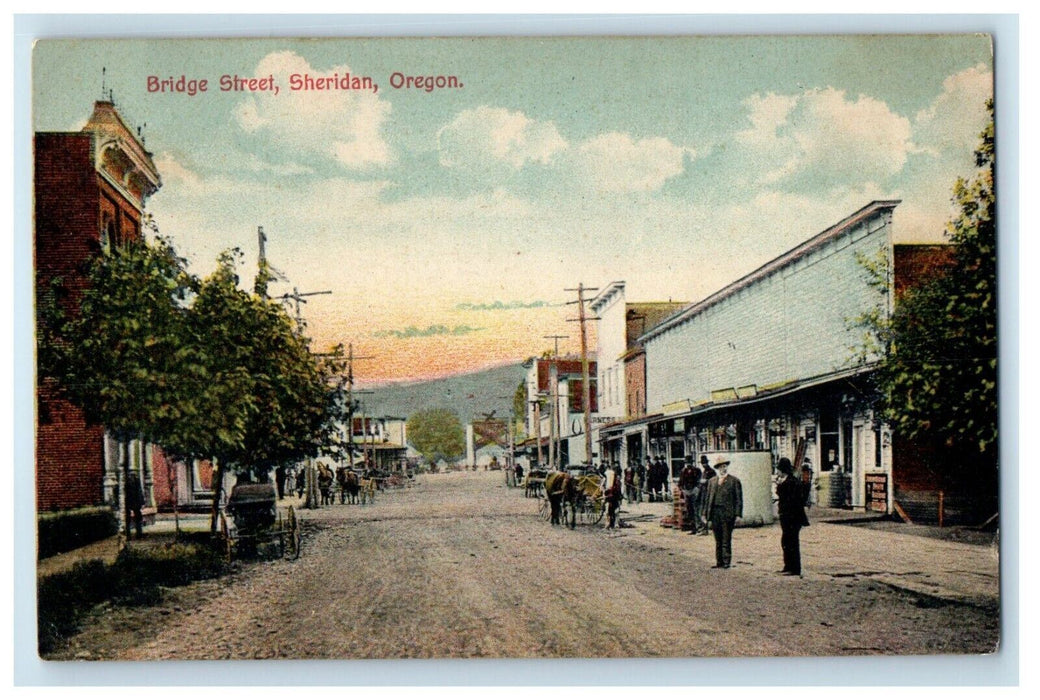 c1910's Bridge Street Horse And Carriage Dirt Road Sheridan Oregon OR Postcard