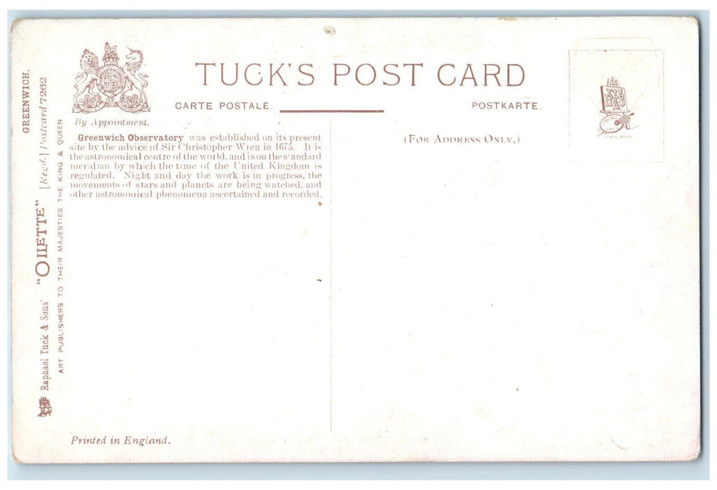 c1910 The Observatory Greenwich London England Oilette Tuck Art Antique Postcard