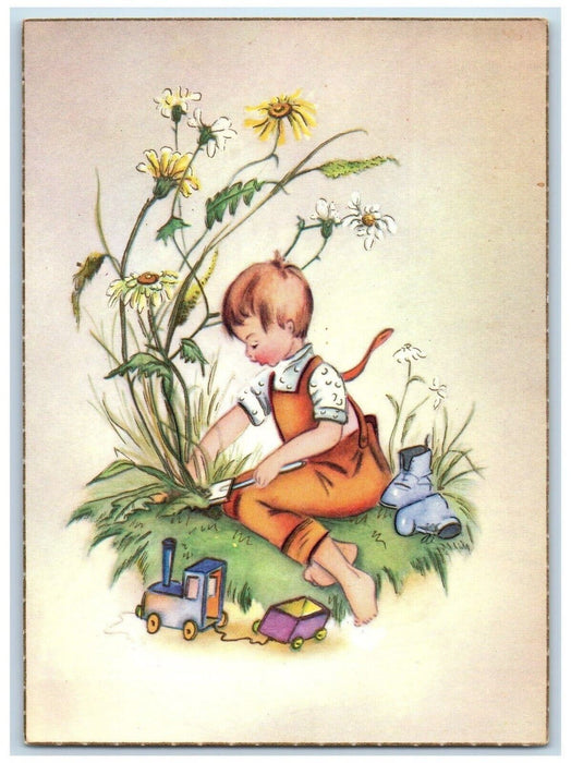 c1930's Easter Girl Planting Flowers Shovel Toys Unposted Vintage Postcard