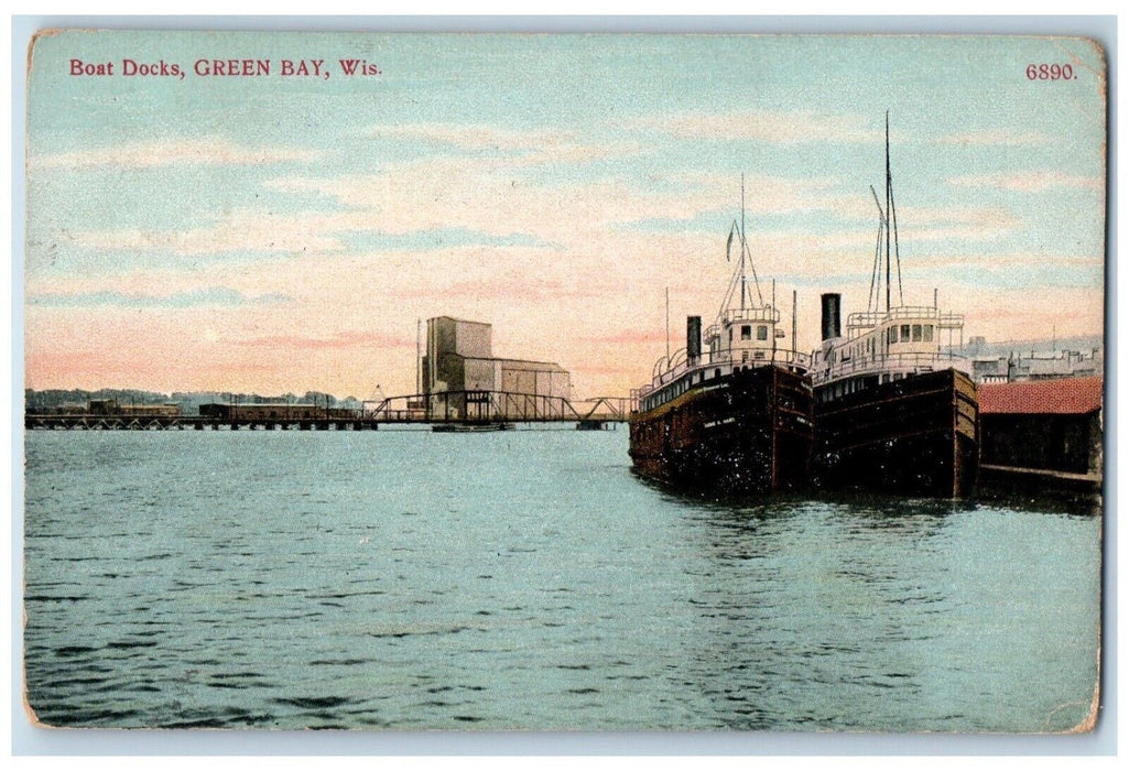 1909 Boat Docks Steamer Cruise Shipyard River Lake Green Bay Wisconsin Postcard