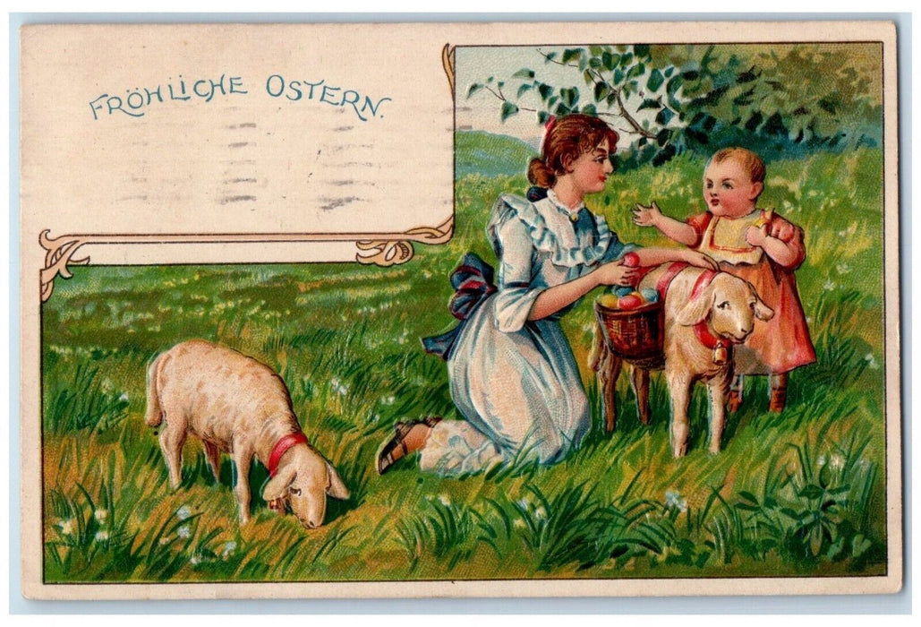 1908 Easter Mother And Daughter Collecting Eggs Basket Lamb Embossed Postcard