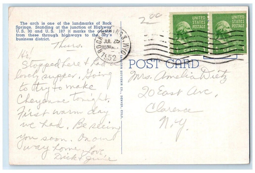 1952 Home of Rock Springs Coal Arch Rock Springs Wyoming WY Postcard