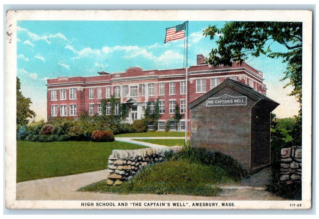 1931 High School And The Captain's Well Scene Amesbury Massachusetts MA Postcard
