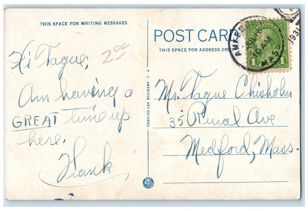 1931 High School And The Captain's Well Scene Amesbury Massachusetts MA Postcard