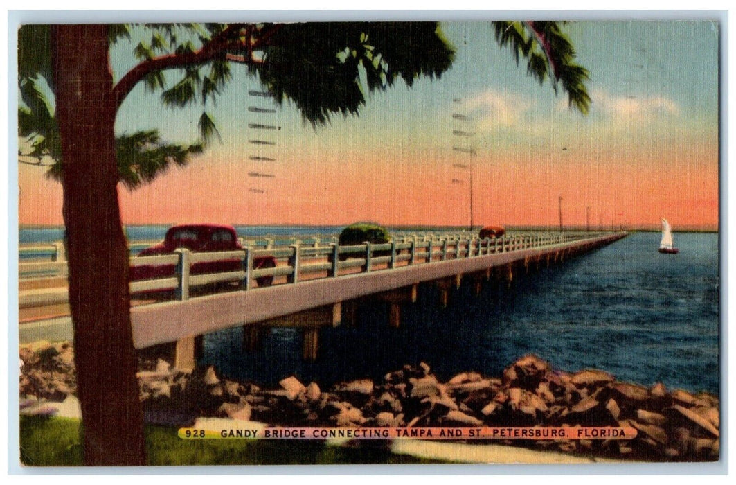 1949 Gandy Bridge Connecting Tampa St Petersburg Florida FL Antique Postcard