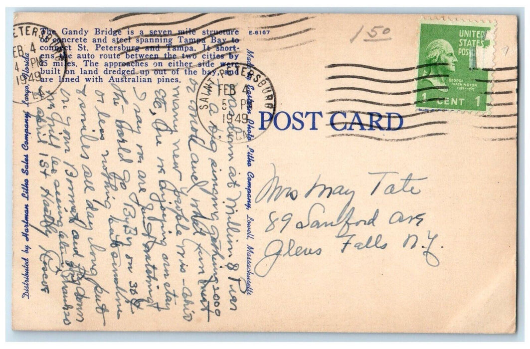 1949 Gandy Bridge Connecting Tampa St Petersburg Florida FL Antique Postcard
