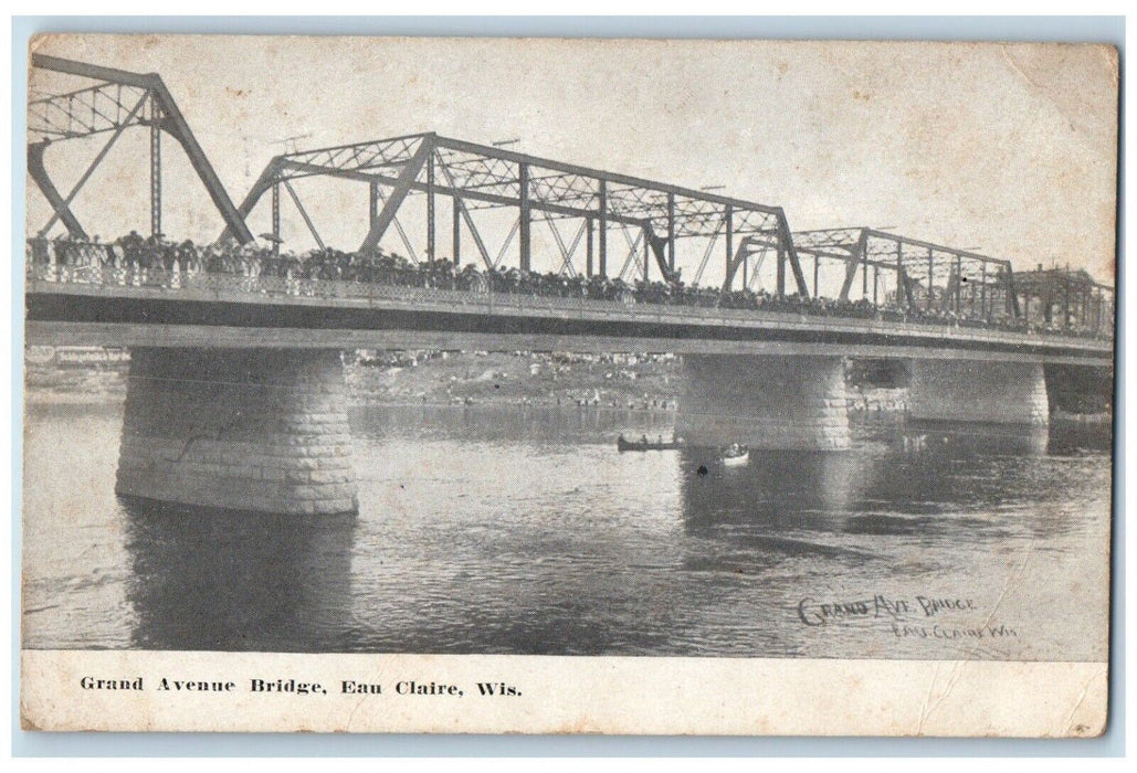 c1910 Grand Avenue Bridge Boat Canoe Exterior Eau Claire Wisconsin WI Postcard