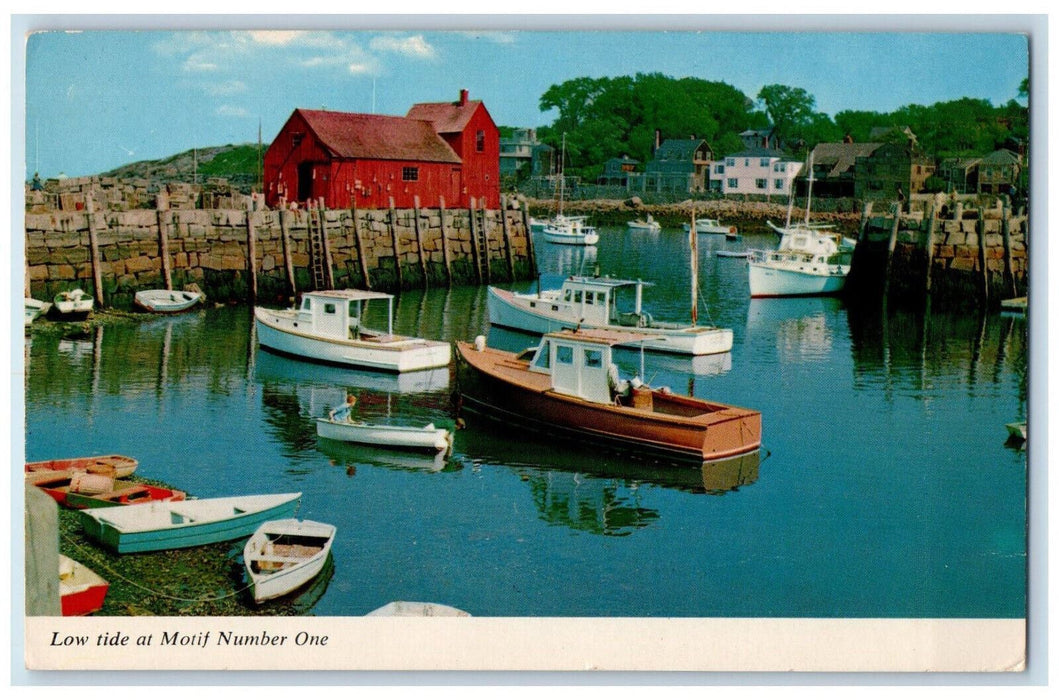 1966 Motorboat Scene Low Tide at Motif Number One Rockport MA Postcard