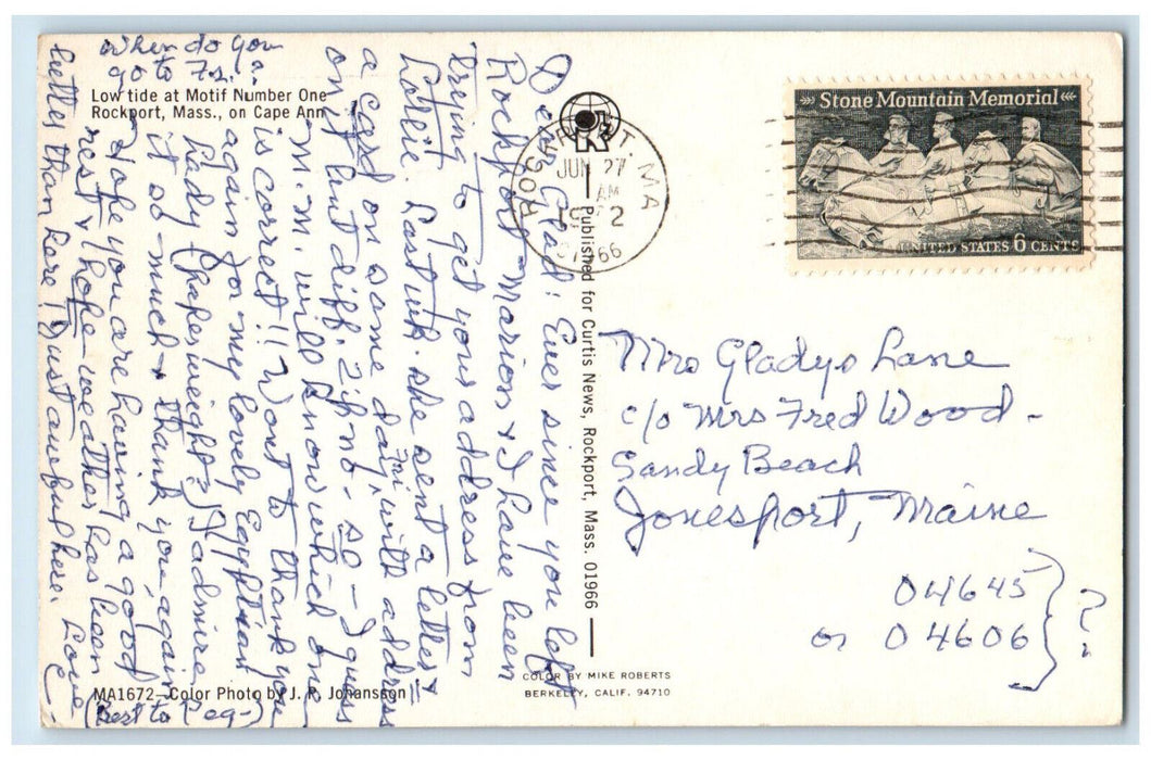1966 Motorboat Scene Low Tide at Motif Number One Rockport MA Postcard