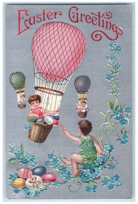 1910 Easter Greetings Hot Air Balloon Eggs Pansies Flowers Embossed Postcard