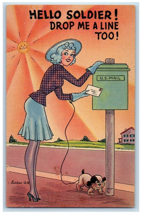 c1940's Woman Dropping Letter Dog Soldier US Mail WW2 Unposted Vintage Postcard