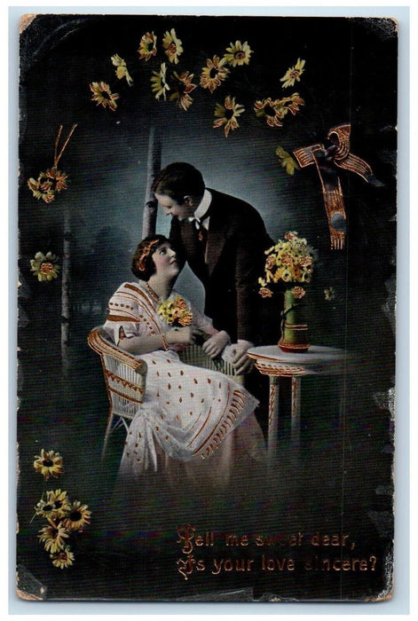 1916 Sweet Couple Romance Flowers Gel Gold Gilt East Aurora NY Antique Postcard