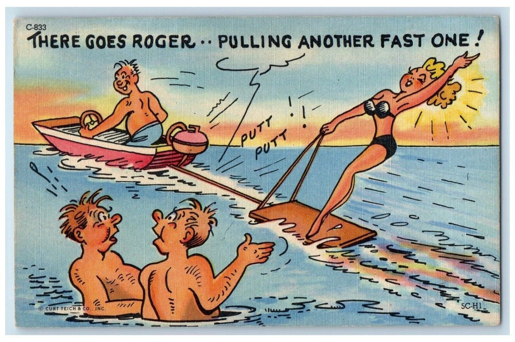 c1930's Speedboat Sexy Woman Pulling Another Fast One Unposted Vintage Postcard