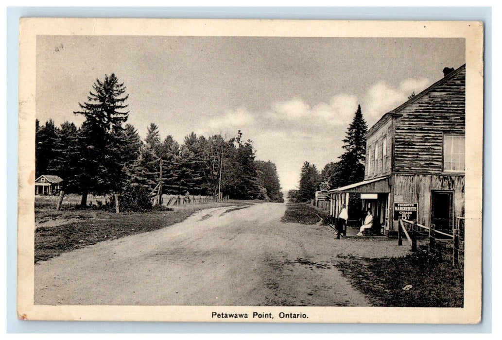 1938 Petawawa Point Ontario Canada, Dirt Road Store Tucketts Cigar Postcard