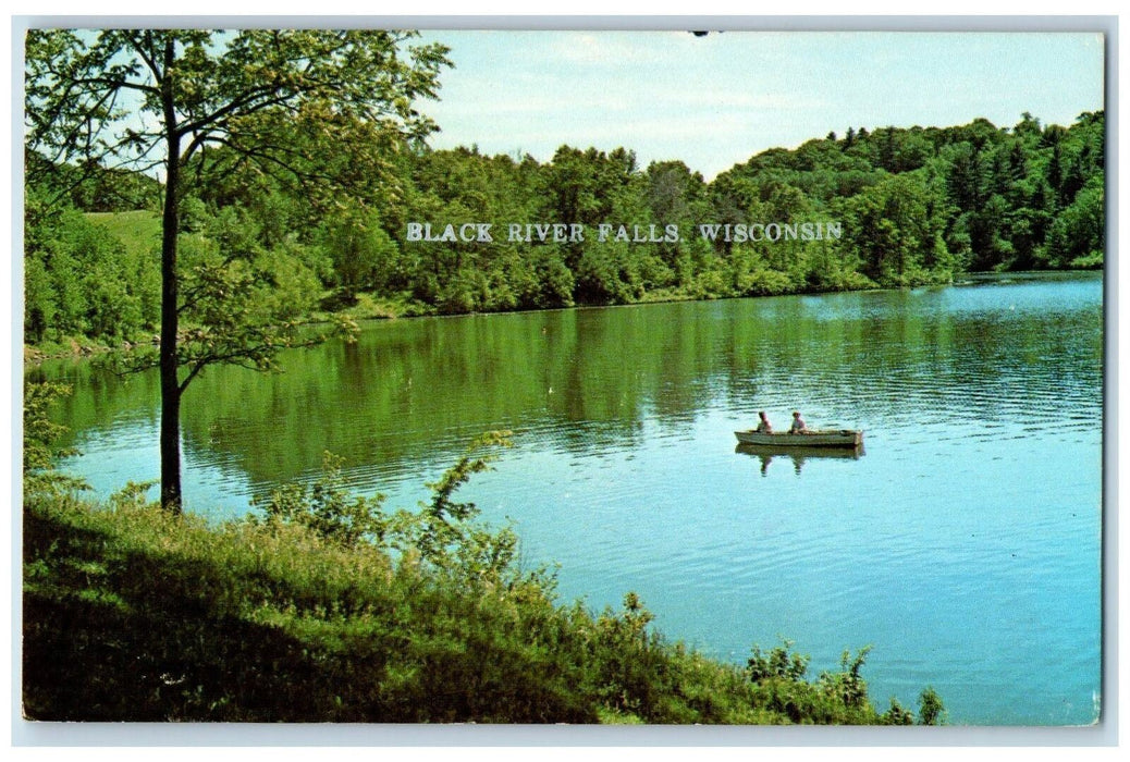 c1950 Black River Falls Lake Scene View Boating Forest Wisconsin WI Postcard