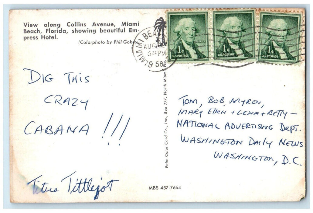 1958 View Along Collins Avenue Empress Hotel Road Miami Beach Florida Postcard