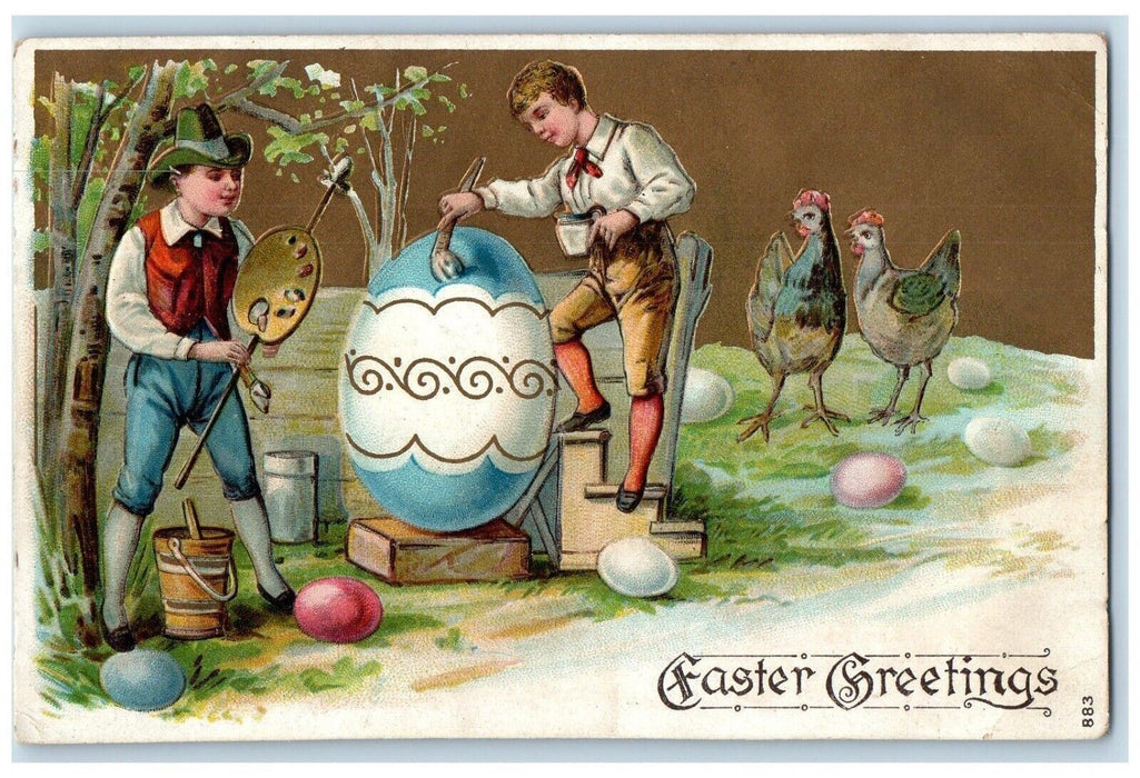 c1910's Easter Greetings Boys Painting Egg Chicken Hen Embossed Posted Postcard