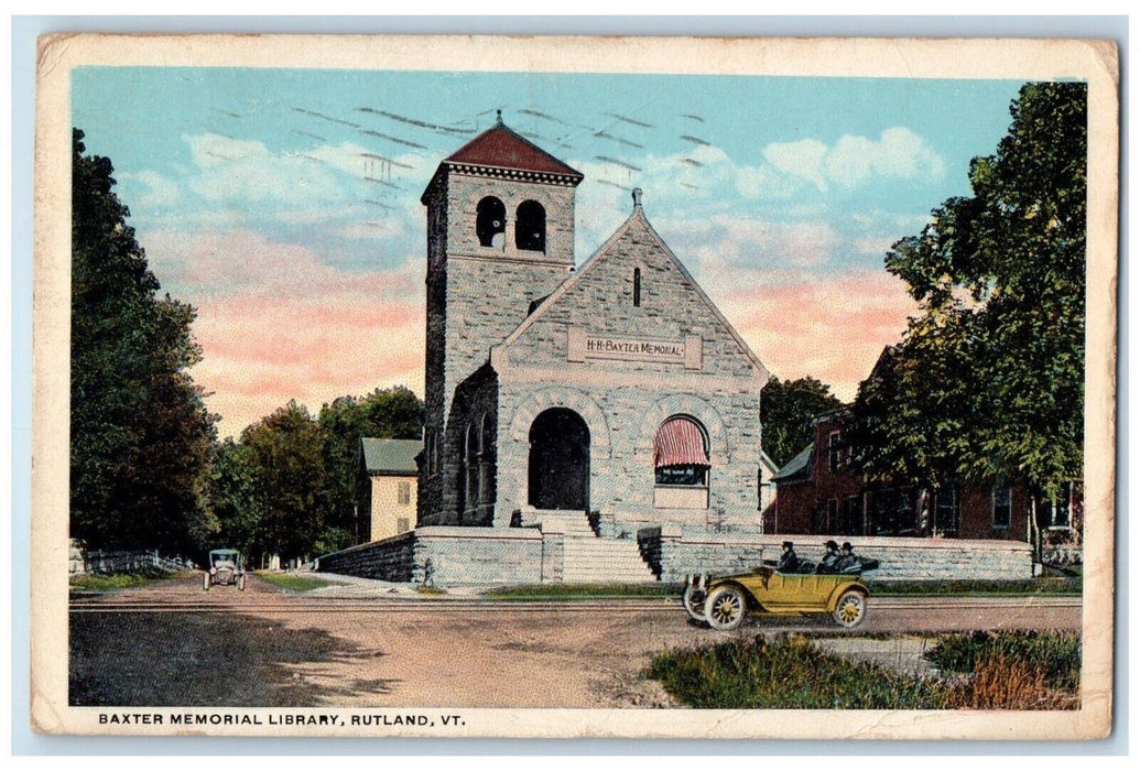 1919 Baxter Memorial Library Classic Car Exterior Road Rutland Vermont Postcard