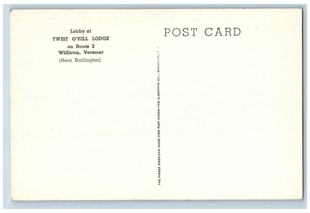 c1950's Piano Interior Lobby at Twist O'Hill Lodge Williston VT Postcard