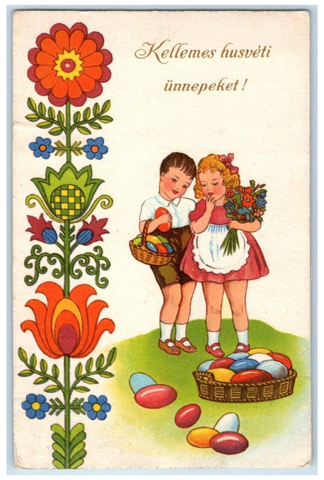 1923 Easter Girls Basket Of Eggs Flowers Hungary Embossed Vintage Postcard