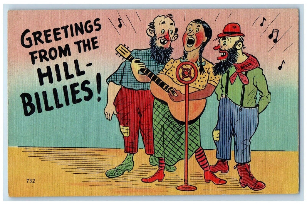 Greetings From The Hill Billies Man Playing Guitar Band Singing Vintage Postcard