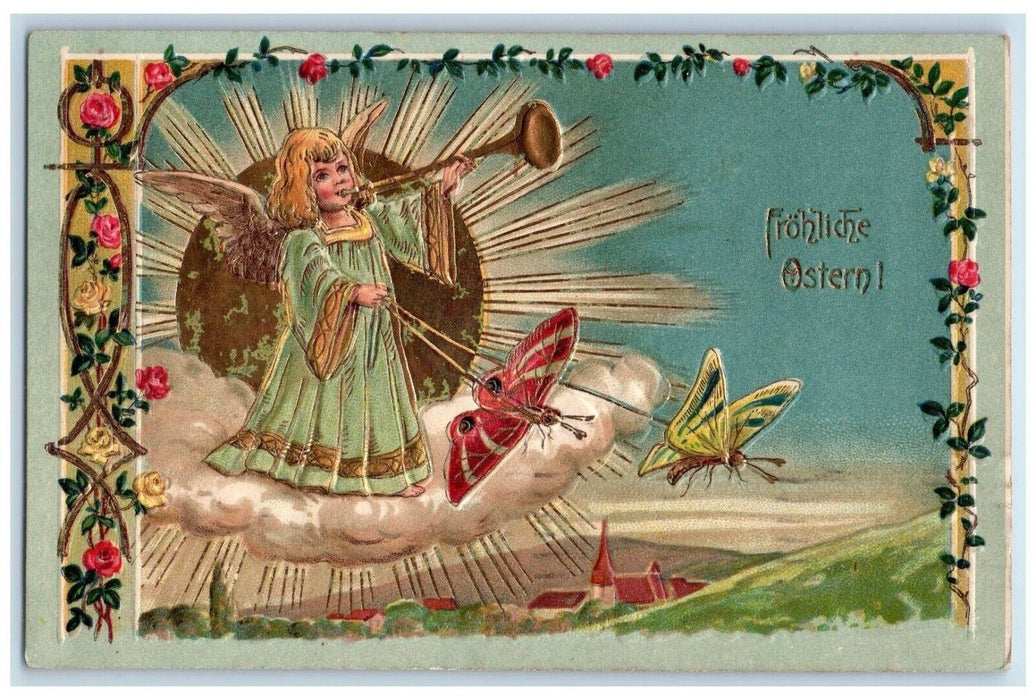 1908 Easter Angel Trumpet Fantasy Butterfly Flowers Embossed Antique Postcard