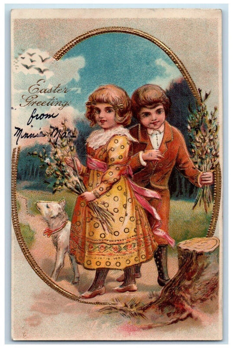 1907 Easter Greetings Egg Childrens And Lamb Embossed Posted Antique Postcard