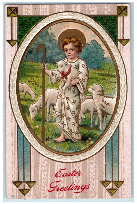 c1910's Easter Greetings Girl Lamb Art Nouveau Winsch Back Embossed Postcard