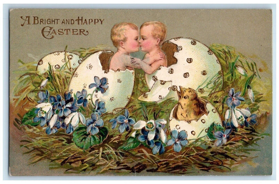 1908 Easter Hatched Egg Babies Kissing Nest Pansies Flowers Embossed Postcard