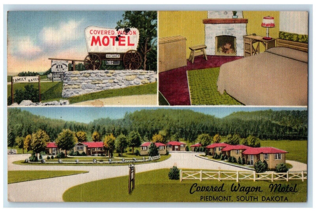 1938 Covered Wagon Motel Rapid City Piedmont South Dakota SD Multiview Postcard