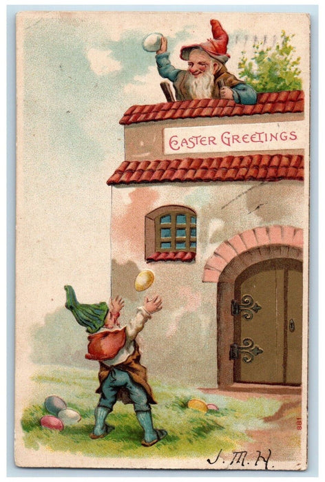 1907 Easter Greetings Elf Gnomes Throw Eggs Embossed Philadelphia PA Postcard