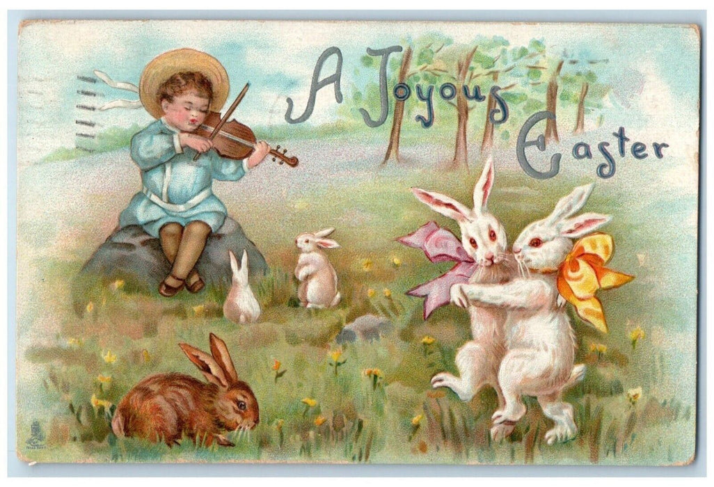 1913 Easter Little Boy Playing Violin Bunny Rabbit Dancing Tuck's Postcard