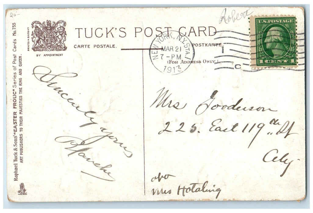 1913 Easter Little Boy Playing Violin Bunny Rabbit Dancing Tuck's Postcard