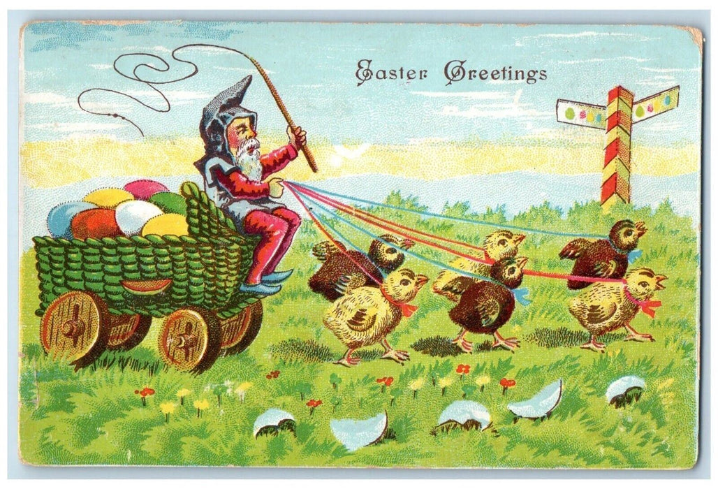 c1910's Easter Greetings Chicks Pulling Elf Gnomes Eggs Cart Hatched Postcard