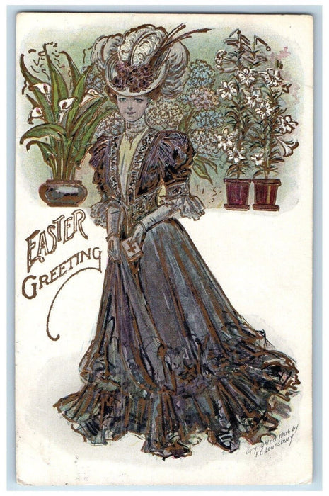1907 Easter Greeting Lounsbury Girl Dress Flowers Pot Embossed Antique Postcard