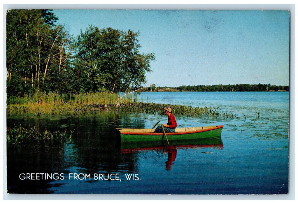 1962 Greetings From Bruce Boating Paddling Lake Swamp View Wisconsin WI Postcard