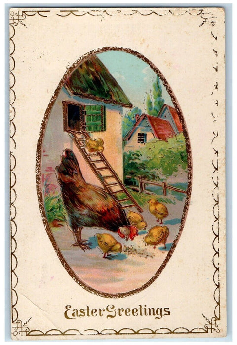 Easter Greeting Chicken Hen Chicks Ladder Embossed Gel Gold Gilt Postcard