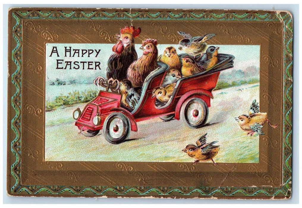 1911 Easter Anthropomorphic Roosters Chicken Hen Driving Chicks Antique Postcard