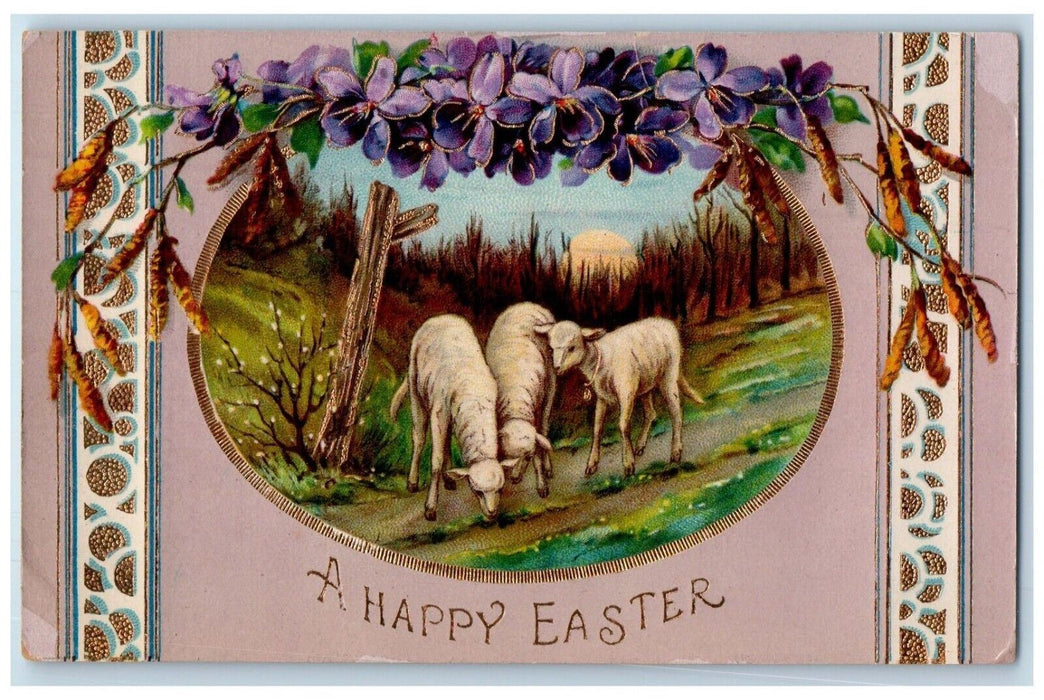 c1910's Easter Egg Lamb Cattail Pansies Flowers Cattail Gel Gold Gilt Postcard