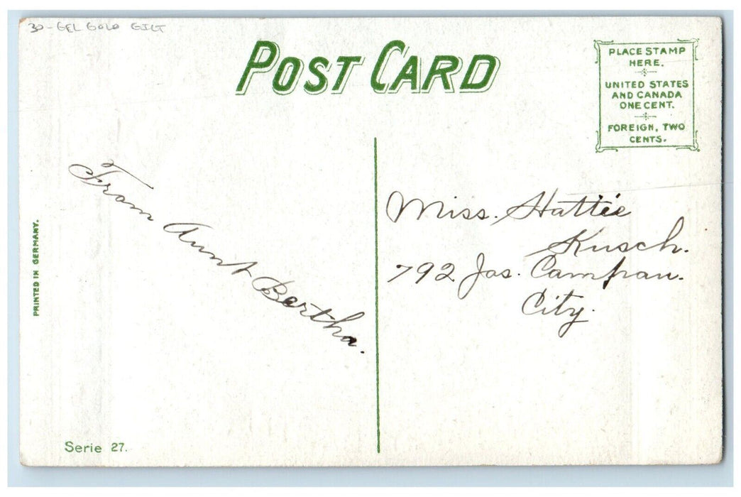 c1910's Easter Egg Lamb Cattail Pansies Flowers Cattail Gel Gold Gilt Postcard