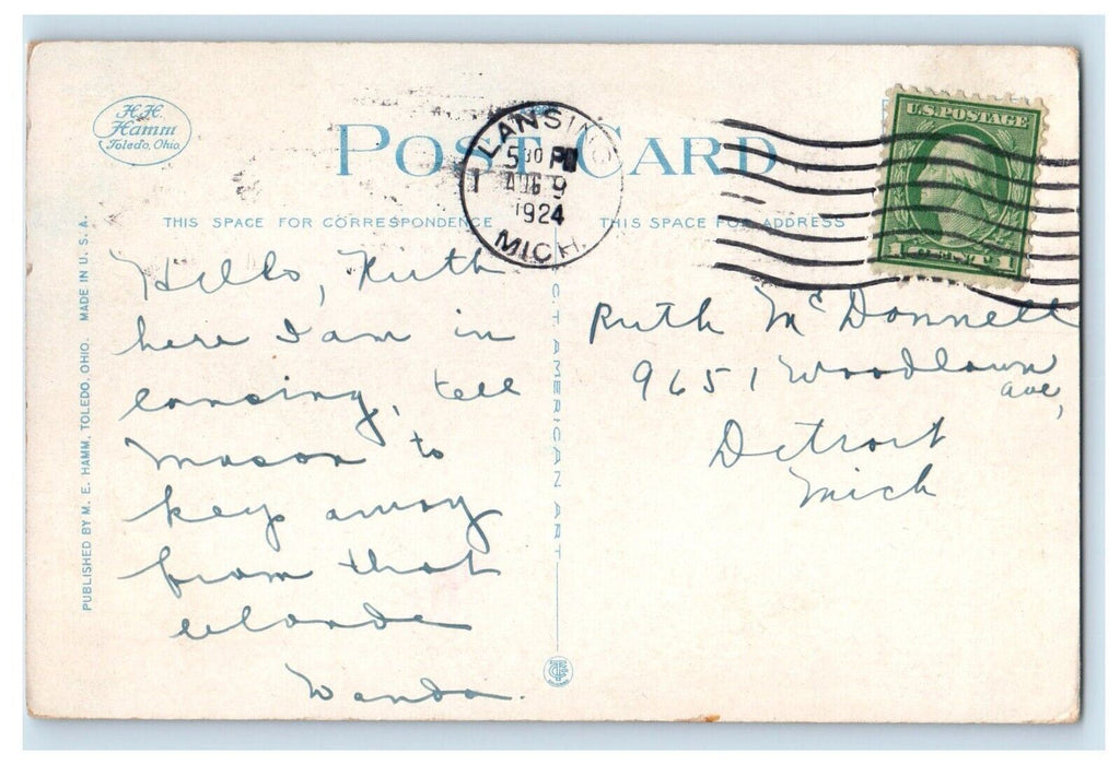 1924 High School Building Lansing Michigan MI Posted Vintage Postcard