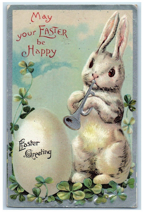 c1910's Easter Greetings Anthropomorphic Rabbit Trumpet Clover Embossed Postcard