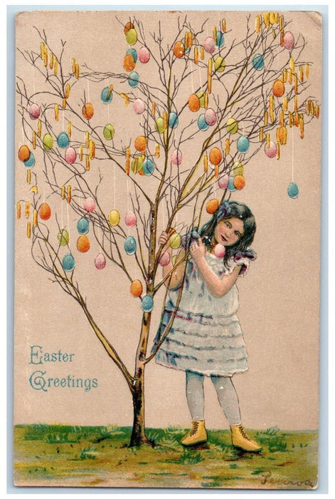 c1910's Easter Greetings Girl Tree Hanging Eggs Cattails Embossed Postcard