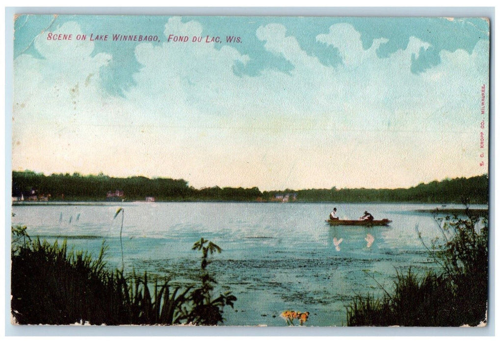 1907 Scene Lake Winnebago Boat Canoe Fishing Fond Du Lac Wisconsin WI Postcard