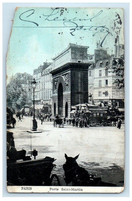 c1910's Porte Saint Martin Street View Horse Carriage Paris France Postcard